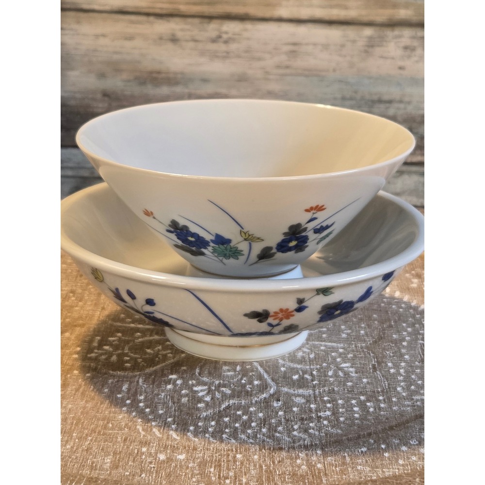 😎Vintage Japanese Floral Porcelain Lidded Rice Bowl Set Blue Gold Rim Mark
